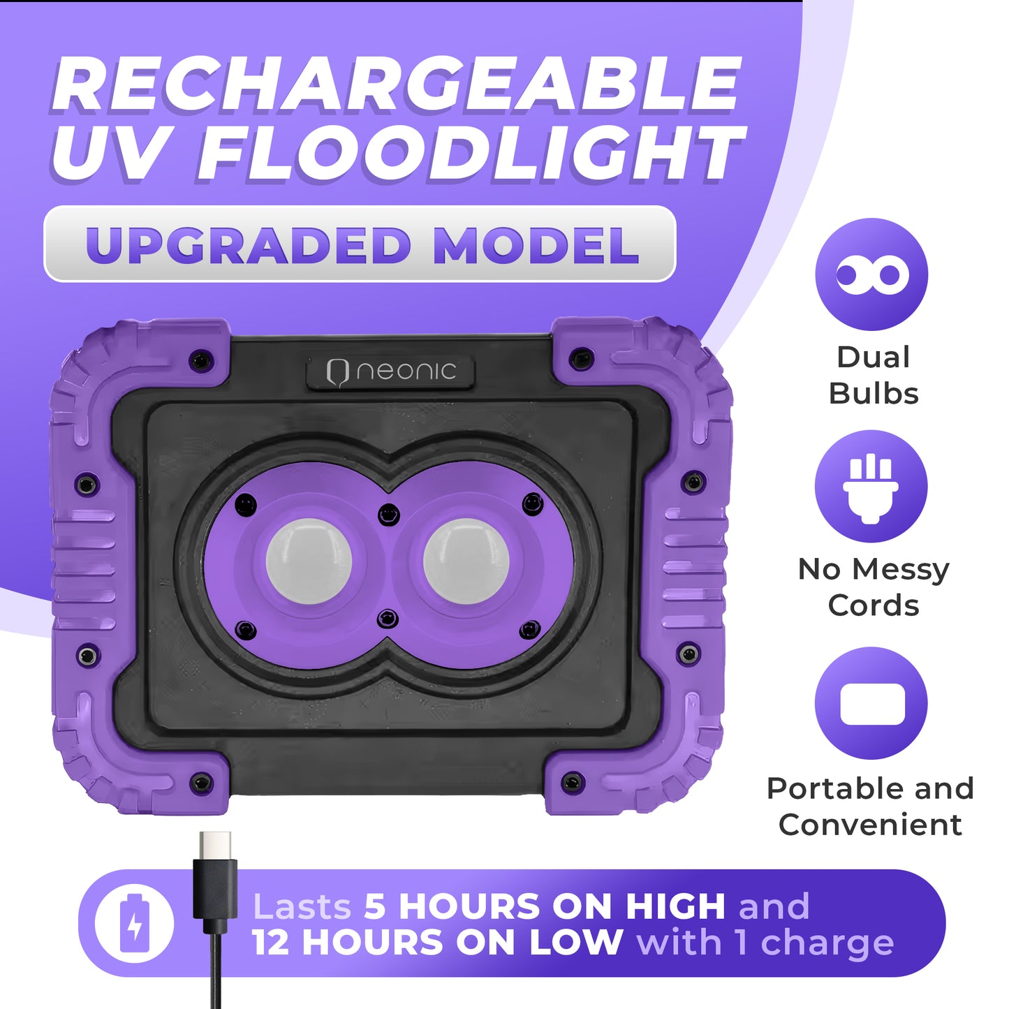 UPGRADED 30 WATTS Neonic Rechargeable UV LED Blacklight